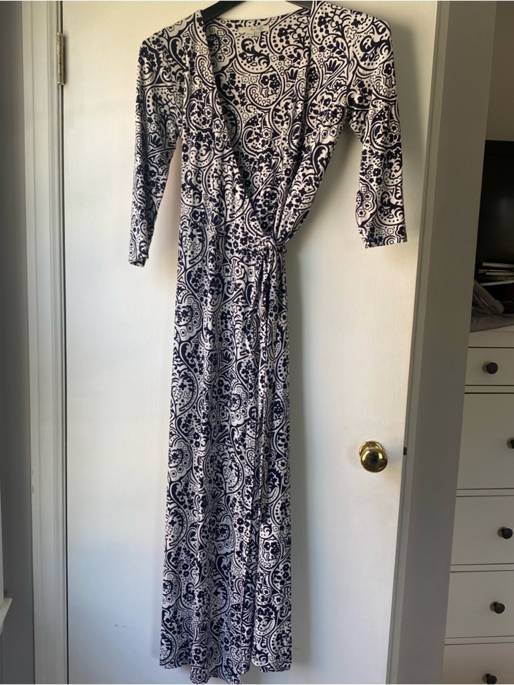 Boden Navy and White Paisley Wrap Maxi Dress